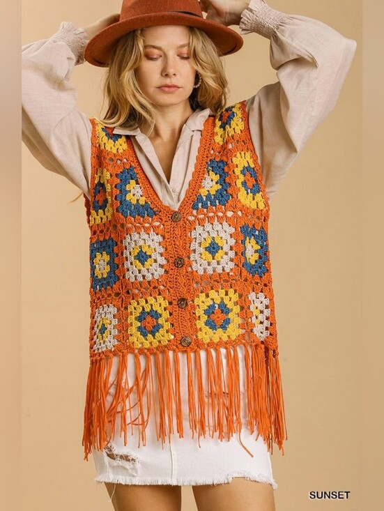 Umgee Jackets & Blazers - Umgee Orange Crochet Fringe Vest with Multicolor Squares L NWT